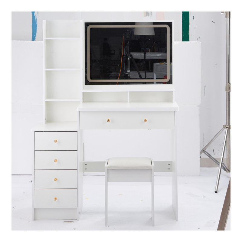 Meuble-lavabo de 41 po avec tabouret de 41 po et tabouret rembourré, grand miroir à DEL à commande tactile, interrupteur à 3 couleurs, commode à plusieurs niveaux avec rangement haute capacité, convient aux grands espaces