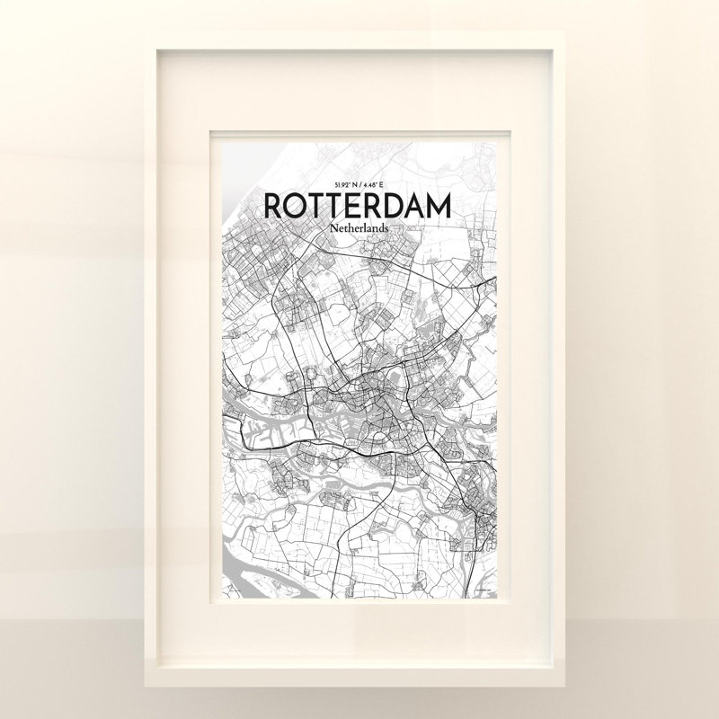 «Rotterdam City Map», impression, H 17 po x l 11 po, Gris / blanc