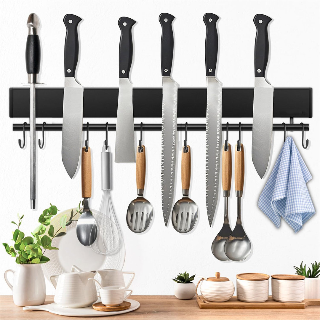 Magnetic Knife Holder With 10 Hooks, Strong Magnets, No Drilling, Includes Adhesive Tape And Screws