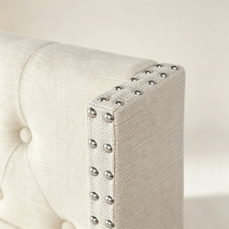 Tufted Wingback Upholstered Headboard with Nailhead Trim, Ivory-Linen, Queen