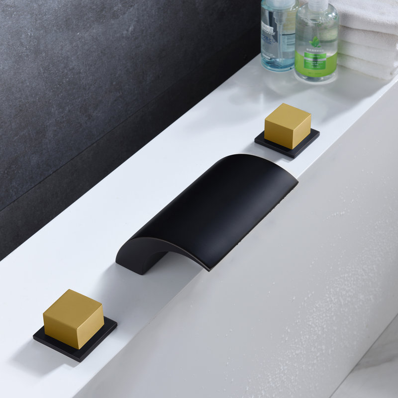 Double Knob Handle Deck Mounted Waterfall Roman Tub Faucet, with High Flow and Brass Rough-in Valve, Black/Gold