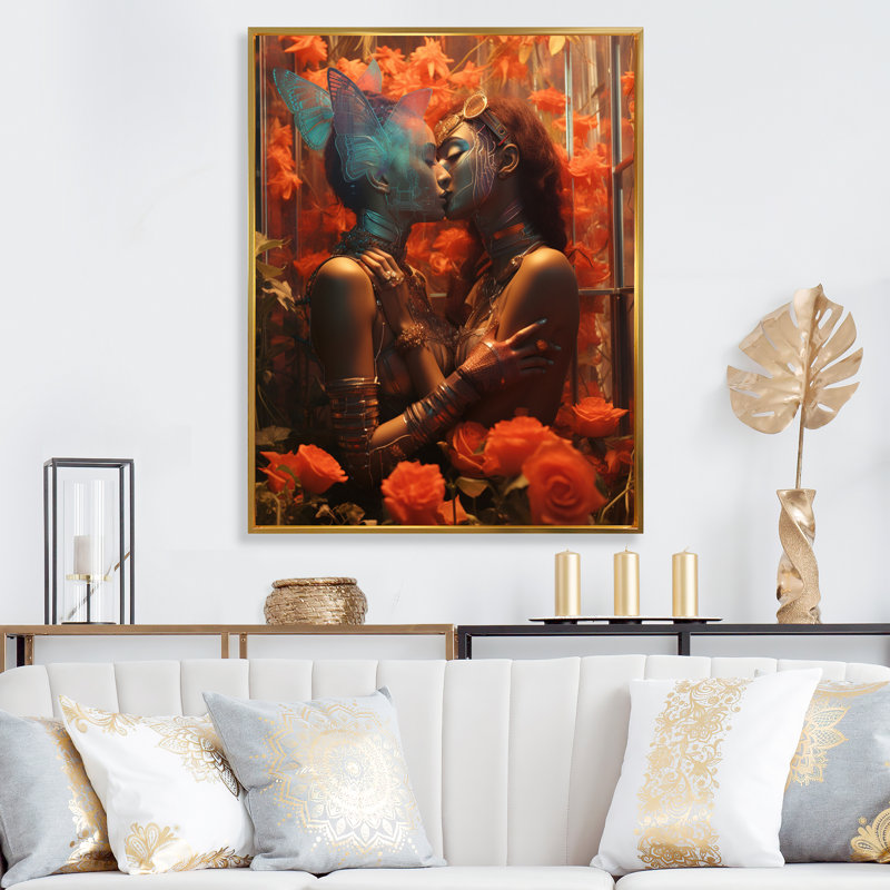 Portrait rétro d'amoureux s'embrassant sur toile, Cadre flottant doré, H 32 po x l 16 po x P 1 po