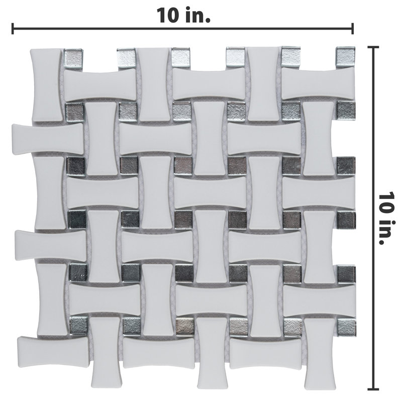 Metro Dog Bone Basketweave 0.92 In. X 2.26 In. Porcelain Basketweave Mosaic Wall Tile, Matte White w/Glass Silver Dot