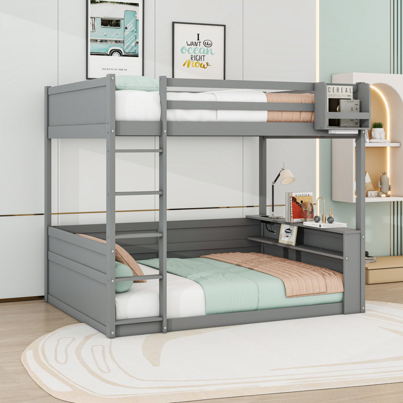 Queen Wood Bunk Bed With LED Light And USB Charging Station, Grey