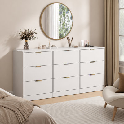 Warm White 9-Drawer Dresser with Champagne Gold Hardware