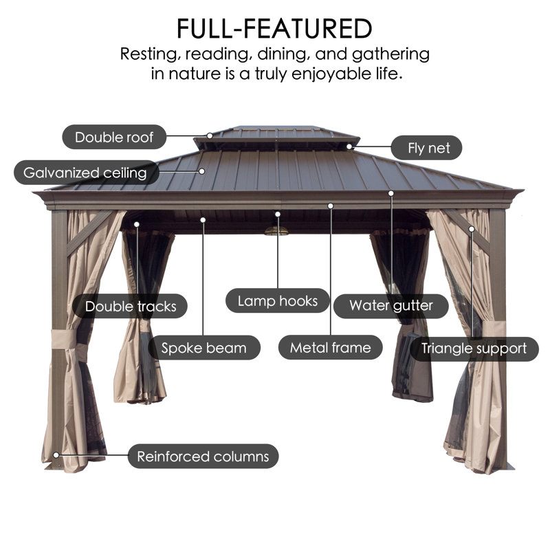 Kozyard Alexander 10' X 14' Hardtop Gazebo, Aluminum Frame With Galvanized Steel Double Roof Outdoor Permanent Pavilion With Curtains And Netting Brown