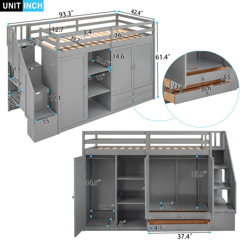 Lit mezzanine fonctionnel avec trois tablettes ouvertes, deux armoires et deux tiroirs, rangement pour échelle, aucun sommier nécessaire