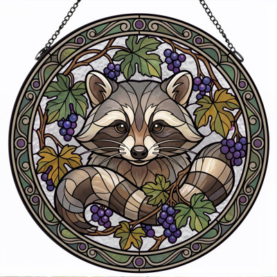 Raccoon Grapes Stained Glass Window Panel，12"H