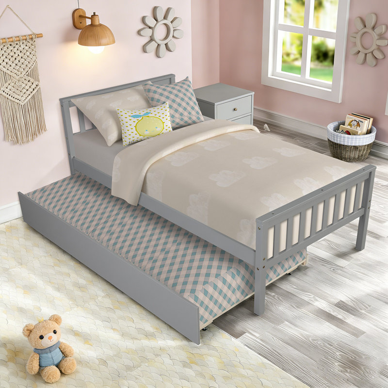 Solid Pine Bed Frame with Trundle, Platform Bed with Headboard and Footboard, No Box Spring Needed, Grey, Twin, Gray