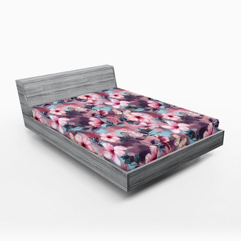 Drap-housse à motif floral Ambesonne, Rose, prune, bleu pâle / floral, Drap-housse de taille double