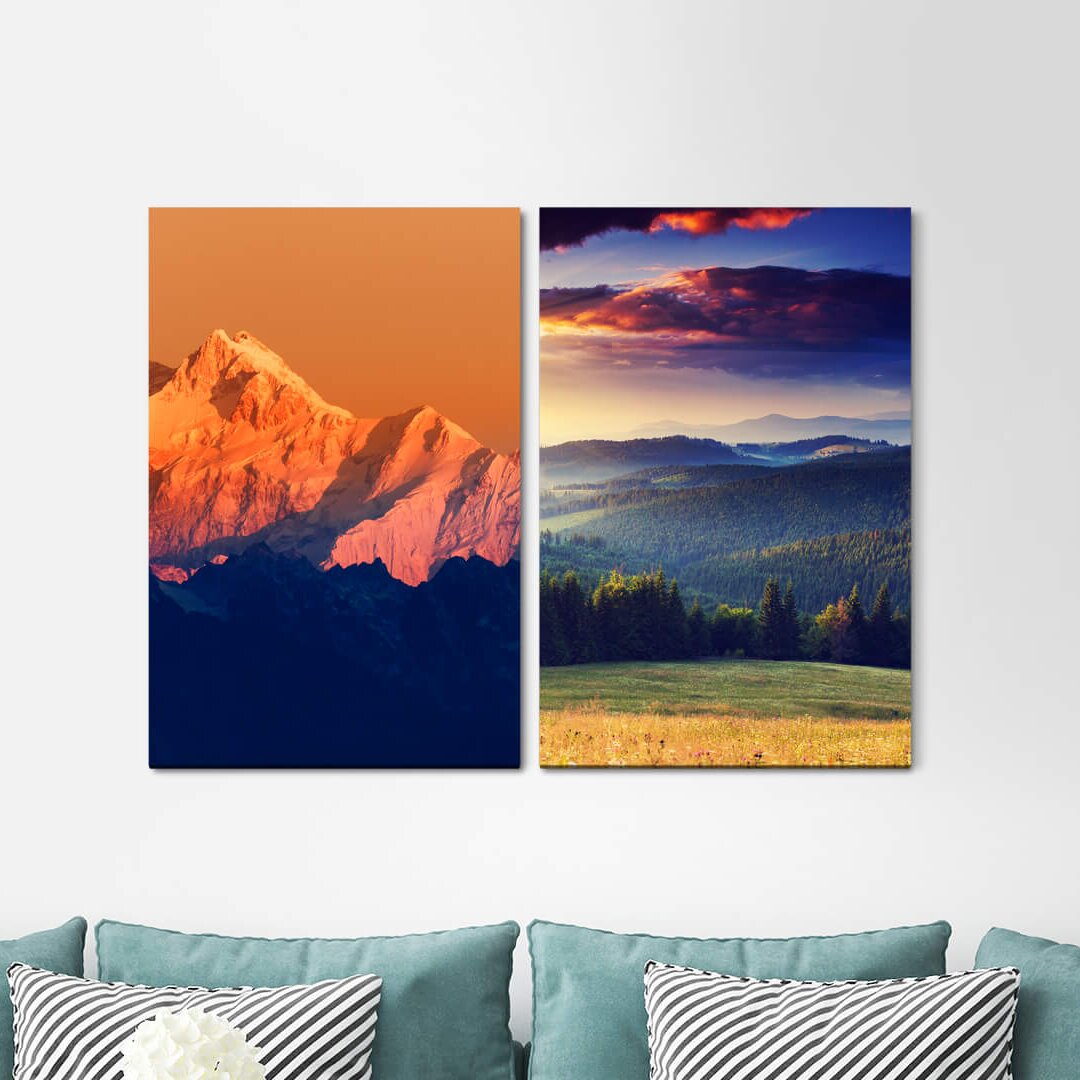 2-tlg. Leinwandbilder-Set - Grafikdruck „Mountain Range Red Sky Sun Meditation Silence”