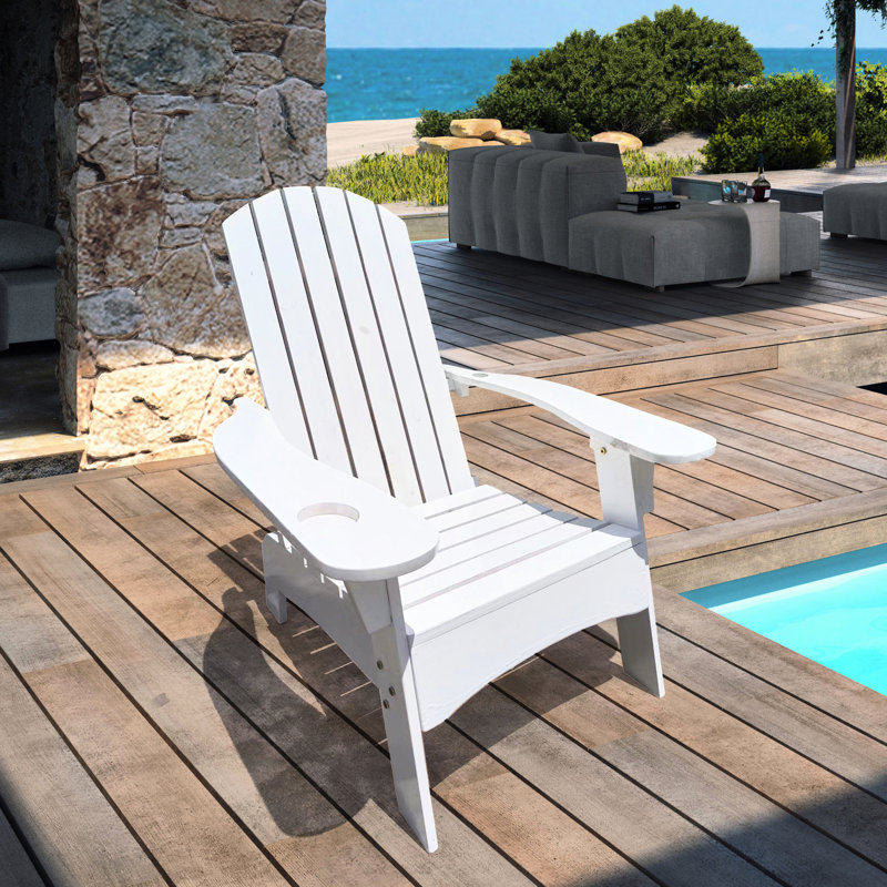White Solid Wood Chair With Umbrella Holder, Comfortable And Versatile, For Outdoor Indoor Use, Patio, Porch, Deck, Garden, Poolside Seating Hole - Relaxing Comfort, Versatile Use Patio Porch Deck