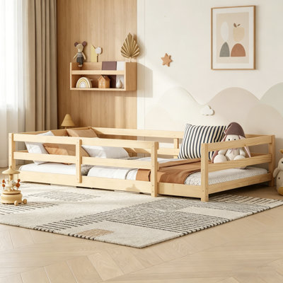 Floor Bed, Pine Wood Bed Frame With Safety Guardrails, Floor Bed, Low Profile Floor Bed , Natural Wood Floor Bed Frame For Toddlers Kids Bedroom, Twin And Full