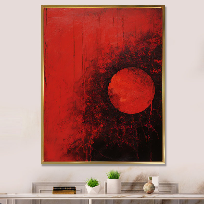 Lune rouge, sphère écarlate, H 40 po x l 30 po x P 1,5 po, Cadre flottant doré