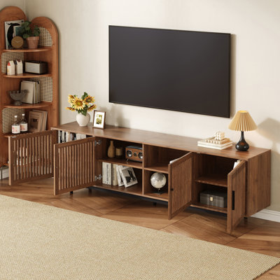 78 Inch Modern TV Stand for TVs up to 85 Inch, Media Console with Soft-Closing Hinges & Solid Wood Legs, Walnut by George Oliver