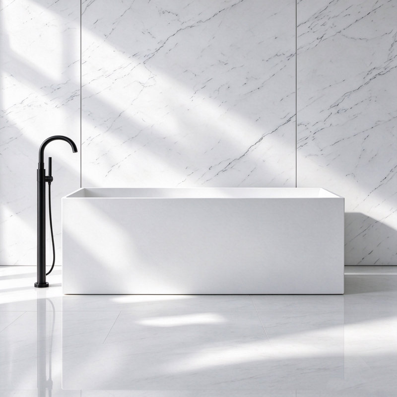 MonBlari 59" X 27.5" Freestanding White Soaking Solid Surface Bathtub with Overflow and Pop-up Drain For Bathroom