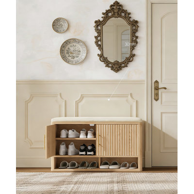 Shoe Storage Bench With Cushion And Adjustable Shelves, Entryway Bench With Fluted Door And Open Bottom Shelf, Hidden Cabinet Organizer For Hallway, Living Room, Bedroom