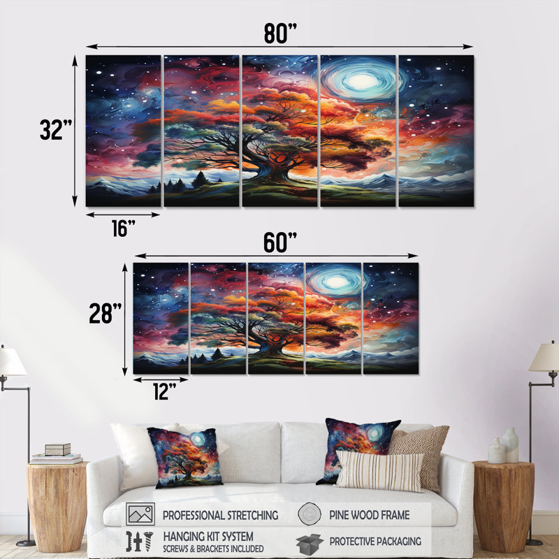 Arbre cosmique orange et rose - arbre, art mural sur toile 5 pièces, H 28 po x l 60 po