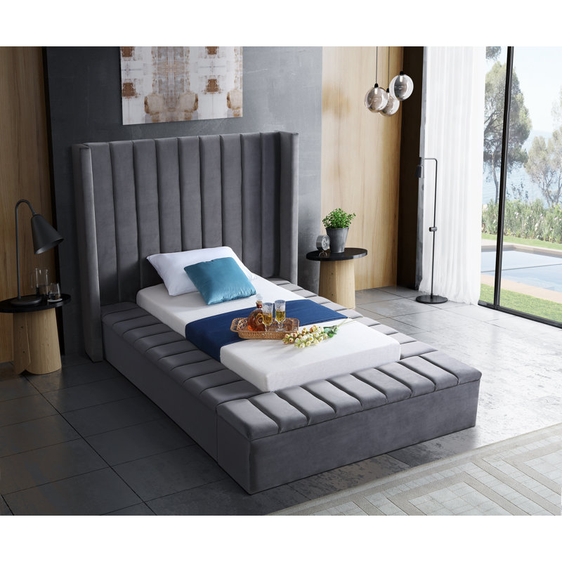 Rick Upholstered Wingback Bed, Twin, Grey Velvet