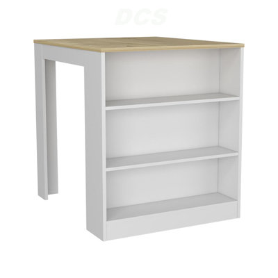 Tanna Kitchen Counter Dining Table ,Two Legs, Three Side Shelves -White / Light Oak