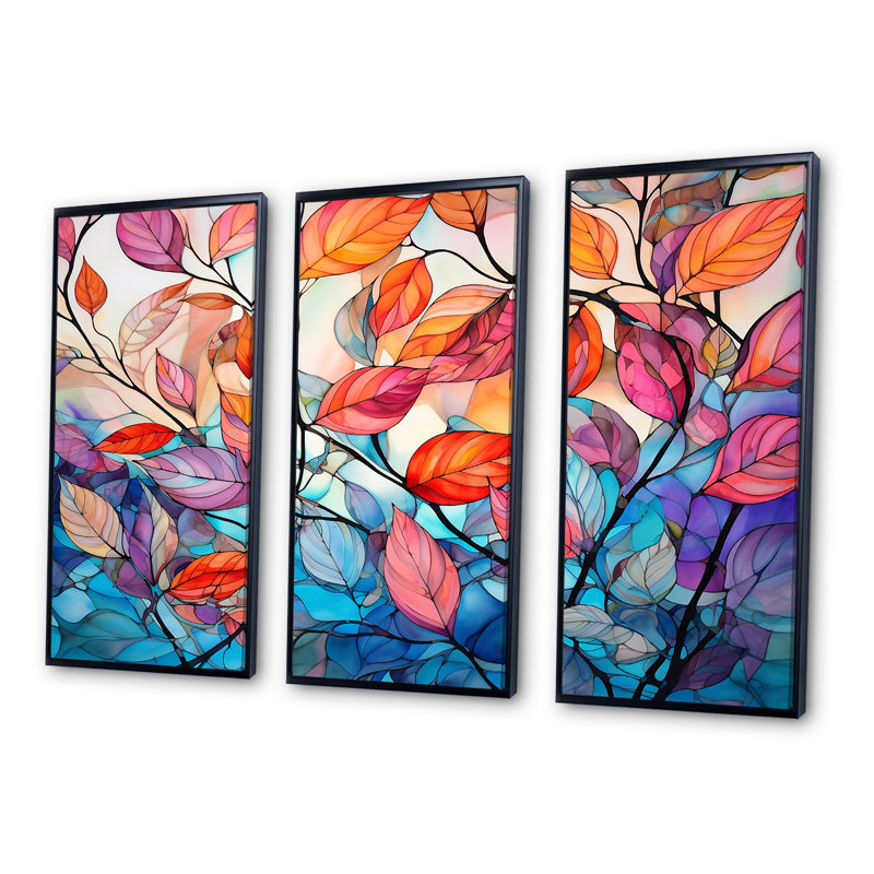 «Leaves Autumn Sunlight Harmony II», ensemble de reproductions d'art mural, Cadre flottant noir, H 40 po x l 60 po x P 1 po