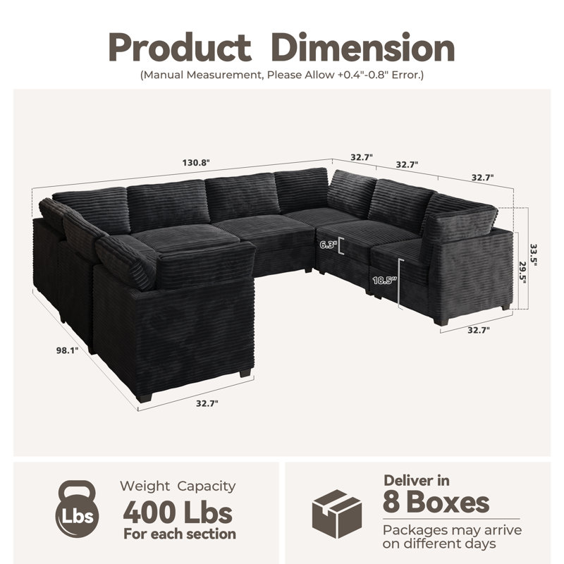8-piece Modular Corduroy Sectional Sofa, Deep Seat Cloud Couch For Living Room & Bedroom, Easy To Assemble, Soft Upholstered Modern U-shaped Sofa