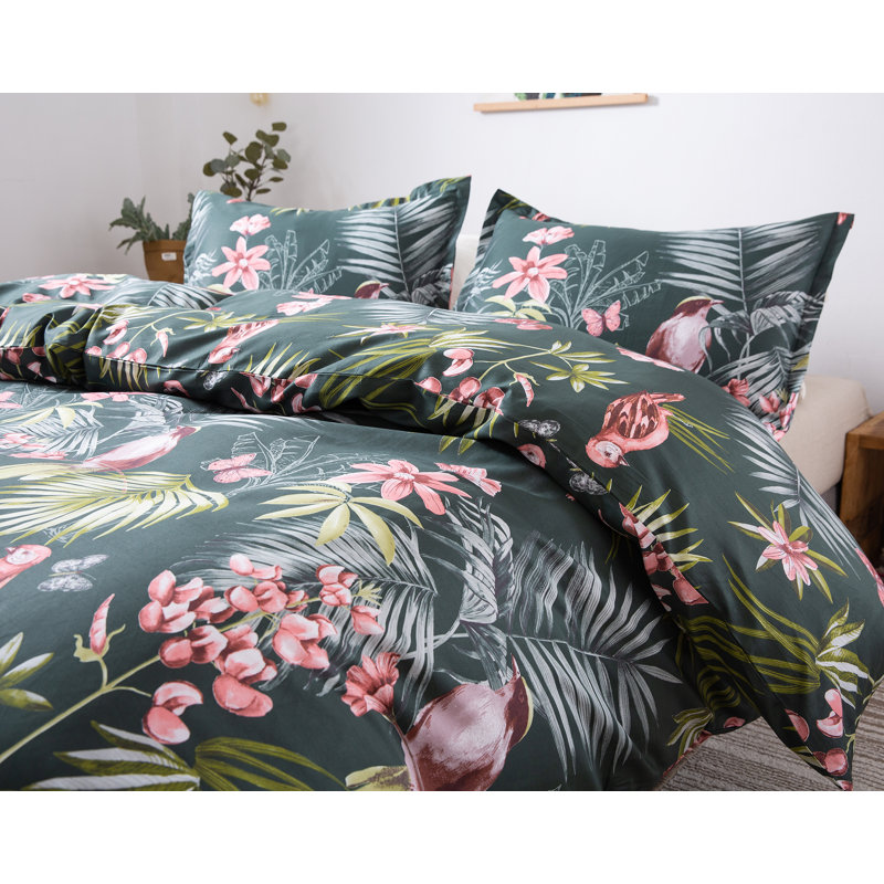 Sateen Floral Duvet Cover, Pine Green, King Duvet Cover + 2 King Shams