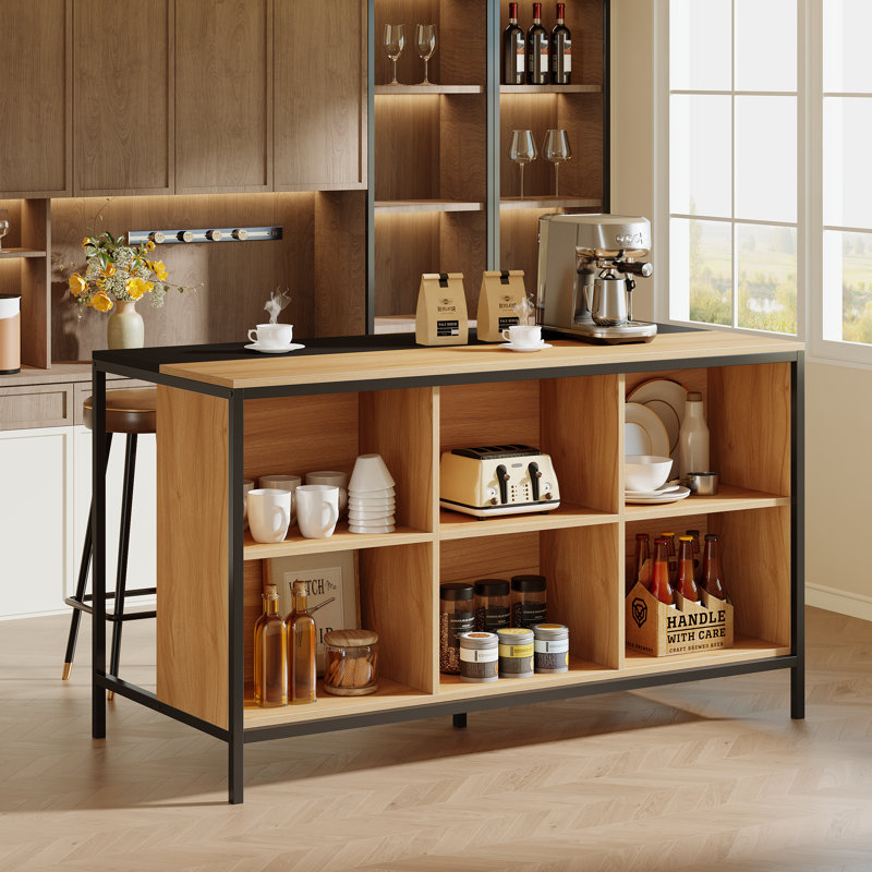 Table de bar moderne de 61 po avec rangement à 6 cubes, armoire de bar et comptoir à déjeuner pour la cuisine du salon
