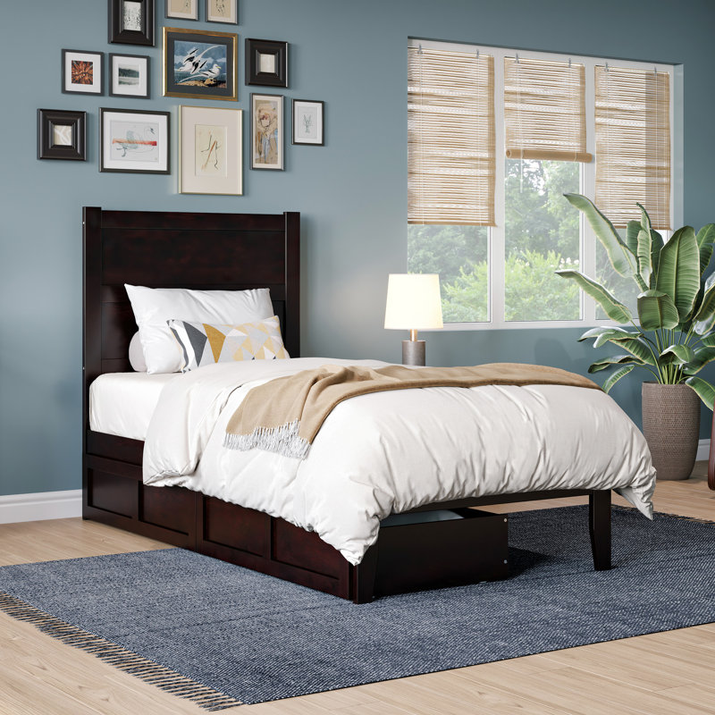 Lit plateforme en bois massif avec tiroirs de rangement Jaheim, Lit simple, Espresso