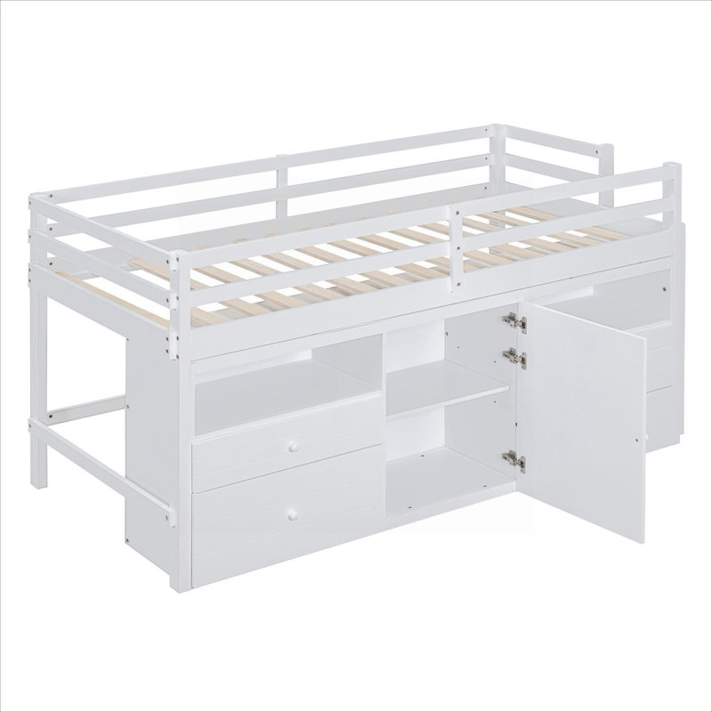 Lit mezzanine pour lit simple en bois massif avec tiroirs de rangement sous le lit, tablettes et armoire
