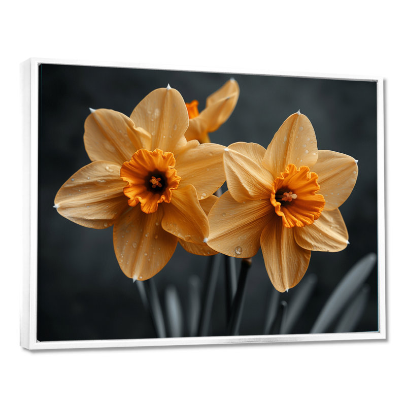 Monochromes jaunes et gris lumineux, jonquilles de luxe - jonquilles murales, Cadre flottant blanc, H 24 po x l 32 po