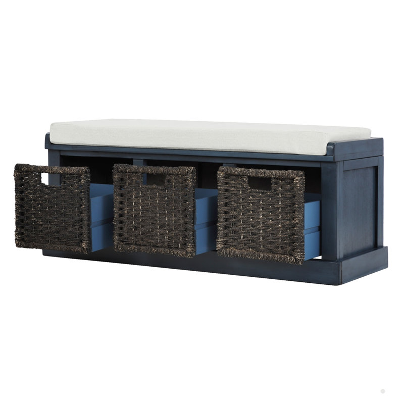 41.3-inch Entryway Storage Shoe Bench with 3 Removable Classic Rattan Basket and Removable Cushion, Navy Blue