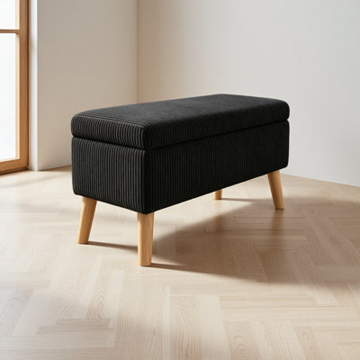 Banc de rangement en velours côtelé de 32 pouces de large avec pieds en bois, boîte de rangement rabattable, banc de bout rembourré, repose-pieds et banc à chaussures pour la chambre à coucher