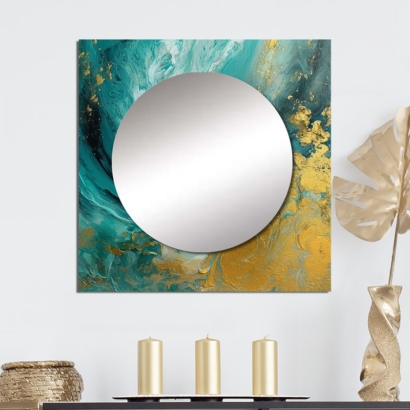 Golden Turquoise Waves Breaking Abstract III - Abstract Shapes Square Mirror Wall Decor For Bedroom, 23" x 23"