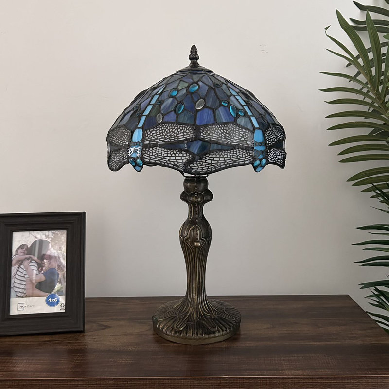 Varley Tiffany Table Lamp Blue Stained Glass Dragonfly LED Bulb Included 12"W*12"D*19"H
