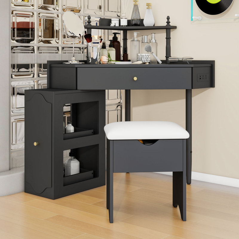 Corner Makeup Vanity with Cushioned Storage Stool, Glass Tabletop and Movable Pull-Out Cabinet, Black