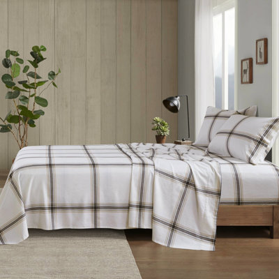 100% Cotton Flannel Tan Plaid 4 Pcs Full Sheet Twin/full Fitted Up To 12" Queen/king/ King 14" Soft Velvet Feel With 1 Flat 2 Pillowcases Fully Elasticized Machine Washable - No Harmful Substances