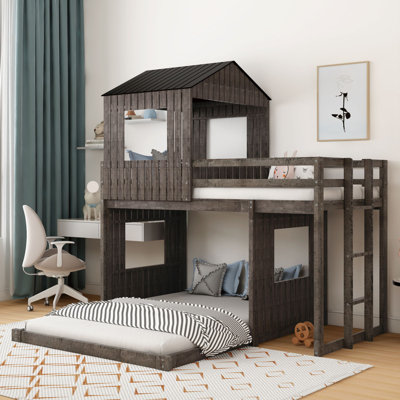 Lit superposé en bois avec maisonnette