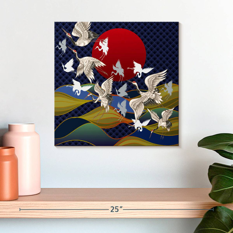 Crowle, grues japonaises au coucher du soleil, H 16 po x l 16 po