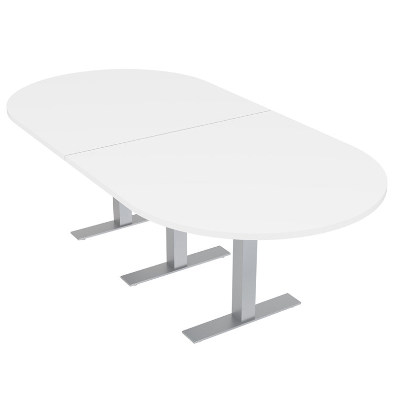 Table de conférence en forme de piste de course avec base en T en métal, L 96 po x l 48 po, Blanc classique, Argent argent