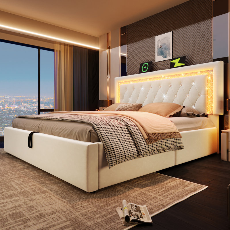 Upholstered Ottoman Storage Bed, Beige, Double (4'6)