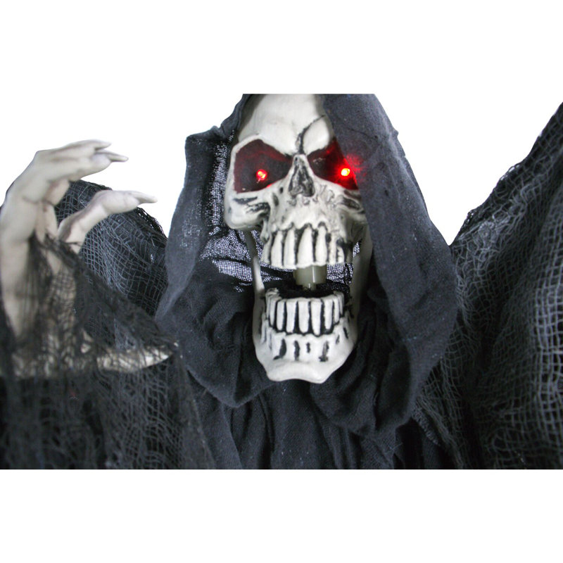 Haunted Hill Farm 63 In. Life-Size Skeleton Reaper with Wings, Poseable Halloween Animatronic with Touch Activated Lights and Sound