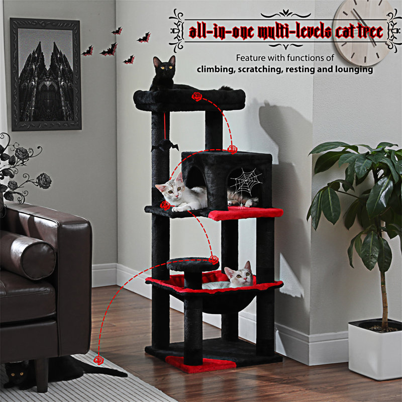 Gothic Black and Red Sisal Cat Tree with Hammock