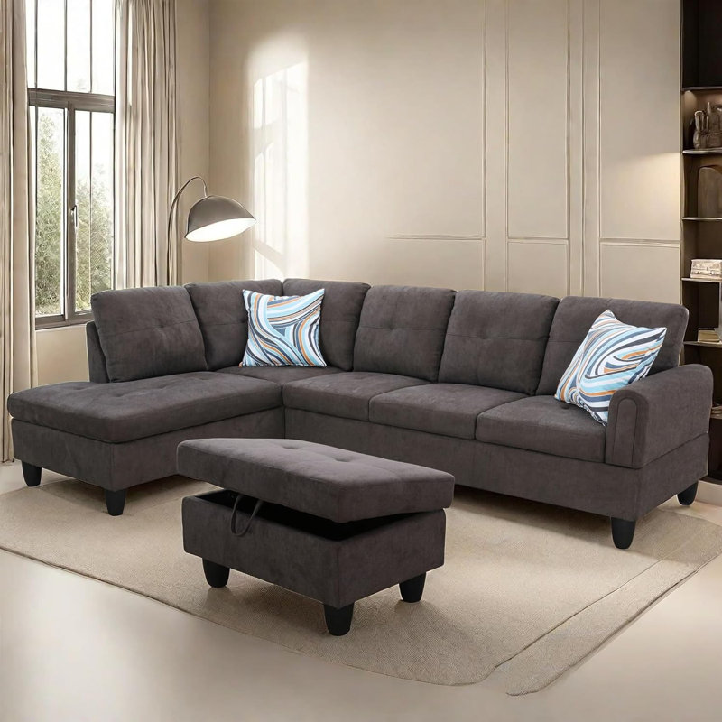 3-piece Flannelette  Modular Sectional Sofa, Off White, Left Hand Facing