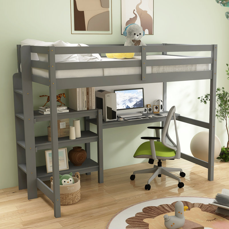 Lit mezzanine double en bois, Gris