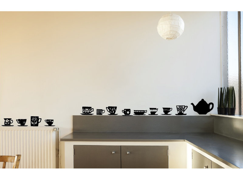Décalcomanie murale tasses de thé, H 23 po x l 24 po x P 0,01 po, Noir
