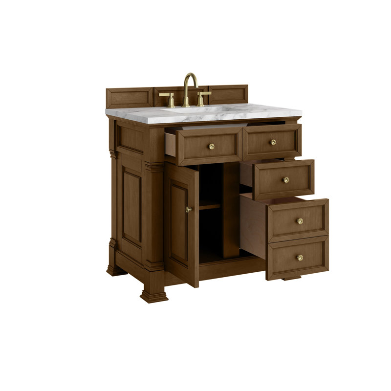 Meuble-lavabo simple 36 po avec plateau Brookfield, Chêne miel, Blanc de Carrare, À entraxe