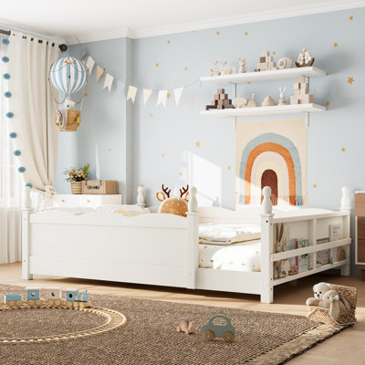 Lit double avec rangement Montessori, panneau de fibres à densité moyenne en bois beige, chambre d'enfant moderne