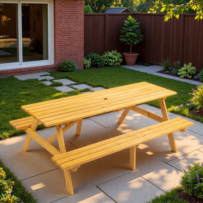Table de pique-nique en bois pour 8 personnes avec trou pour parasol et structure triangulaire stable, Jaune