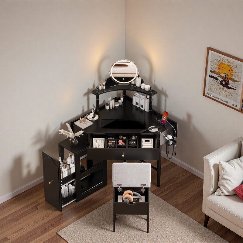 Corner Vanity Desk With Charging Station, Removable Pull-out Side Cabinet, Glass Tabletop, Drawer, Shelf And Storage Cushioned Stool